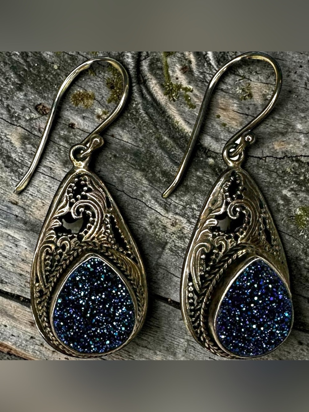 Sarda Sterling Silver Blue Druzy Agate Teardrop Dangle Earrings 925 Filigree